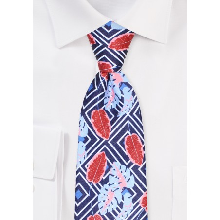 Check and Leaf Print Tie in Navy