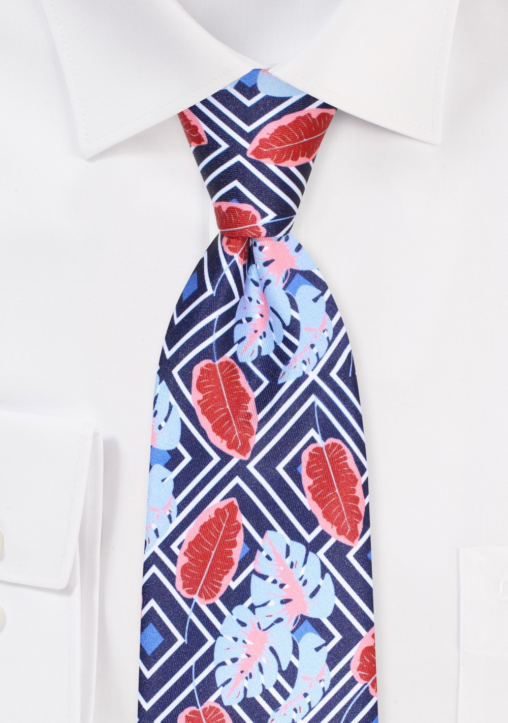 Check and Leaf Print Tie in Navy