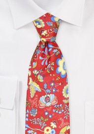 Floral Necktie in Bright Red and Golden Yellow