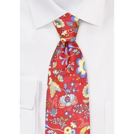 Floral Necktie in Bright Red and Golden Yellow