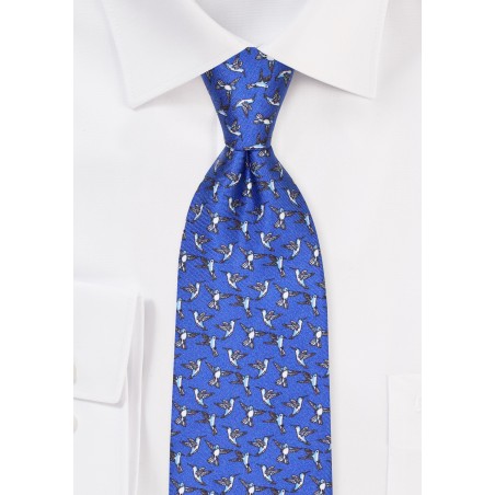 Blue Silk Tie with Hummingbird Print