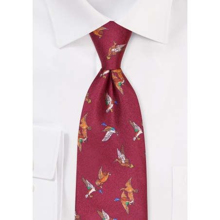 Wine Red Silk Print Tie with Flying Mallard Ducks