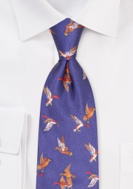 Navy Silk Print Tie with Flying Mallard Ducks