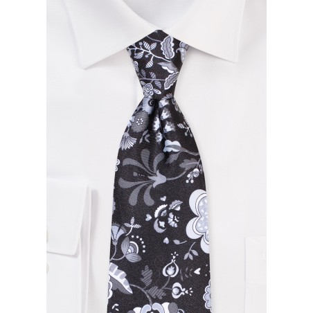 Black, Silver, and Gray Floral Print Tie
