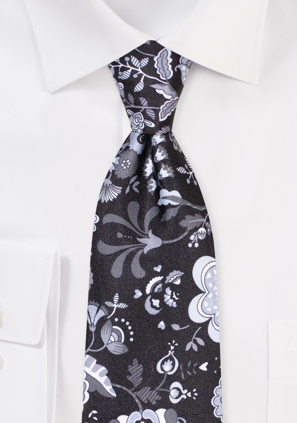 Black, Silver, and Gray Floral Print Tie