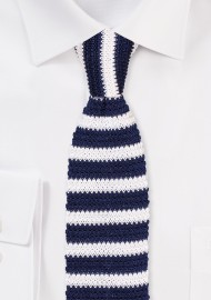 Navy and White Striped Silk Knit Tie