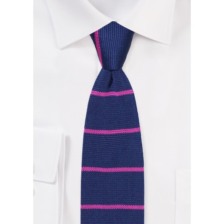 Navy Knit Tie with Pink Stripes