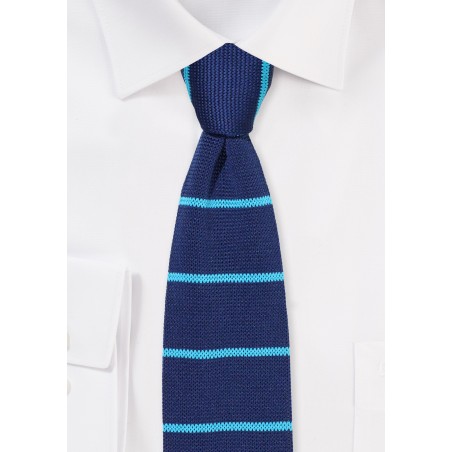 Navy Knit Tie with Turquoise Stripes