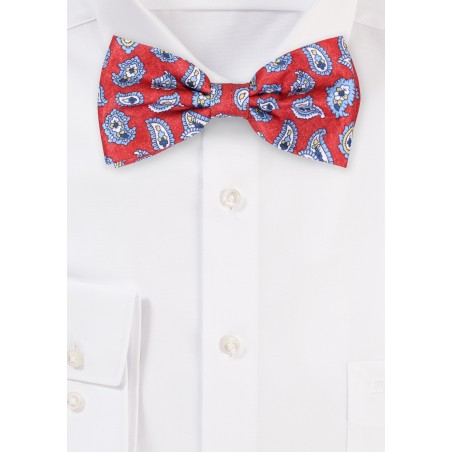 Paisley Print Bow Tie in Red, Light Blue, White, and Yellow