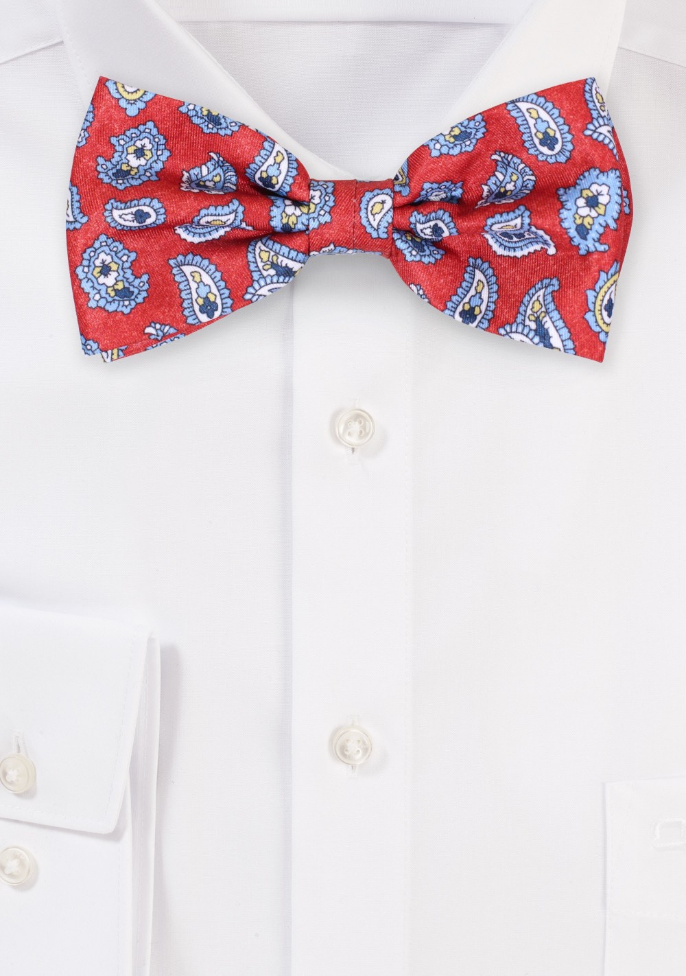 Paisley Print Bow Tie in Red, Light Blue, White, and Yellow