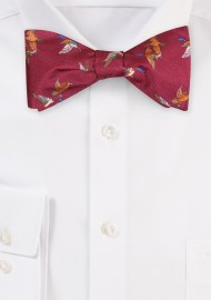 Self Tie Silk Bow Tie with Flying Ducks in Burgundy