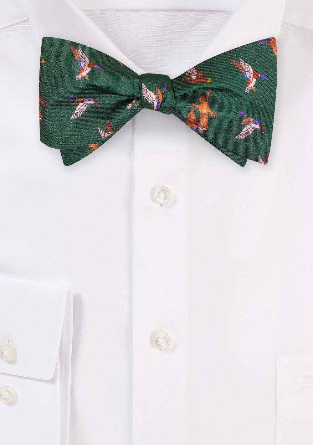 Self Tie Silk Bow Tie with Flying Ducks in Hunter Green