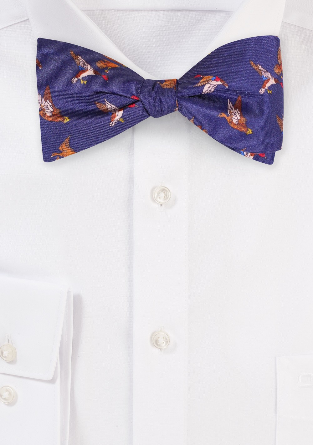 Self Tie Silk Bow Tie with Flying Ducks in Navy