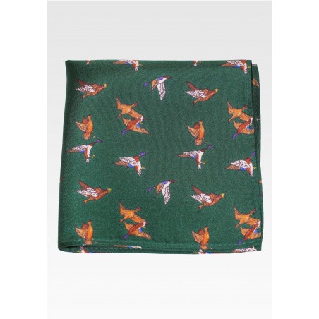 Hunter Green Silk Pocket Square with Flying Ducks