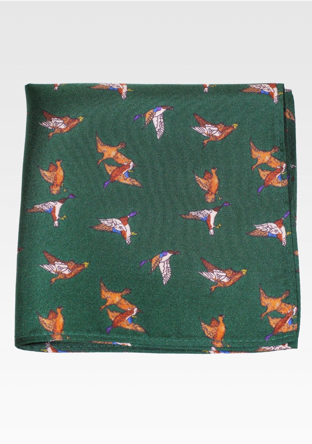 Hunter Green Silk Pocket Square with Flying Ducks