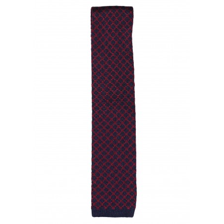 Navy and Cherry Checkered Silk Knit Tie; Flat cut Tip of Tie