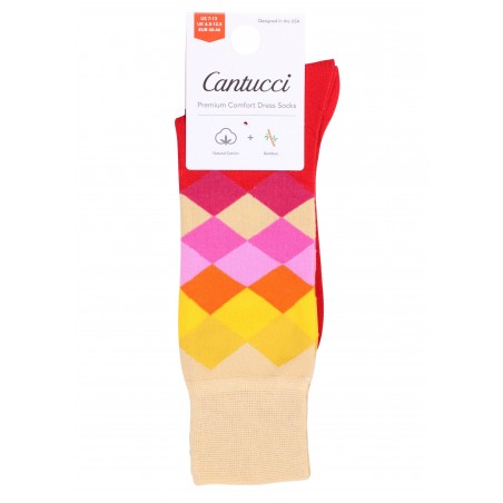 Diamond Check Dress Socks in Reds, Orange, Yellow Packaging