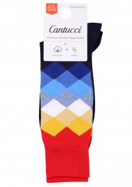 Diamond Check Dress Socks in Blue, Orange, Gold, and Red Packaging