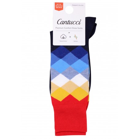 Diamond Check Dress Socks in Blue, Orange, Gold, and Red Packaging