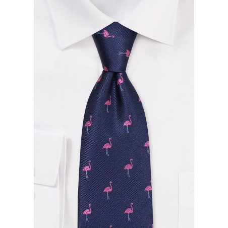 Navy Tie with Embroidered Flamingos