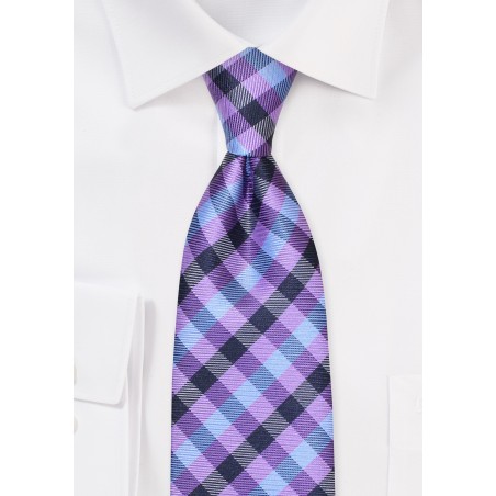 Gingham Check Tie in Purple and Light Blue