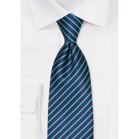 Thin Striped Repp Tie in Navy and Turquoise