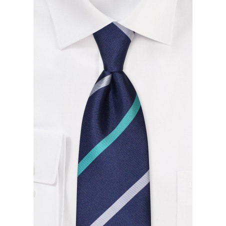 Modern Striped Tie in Navy, Silver, and Teal Green