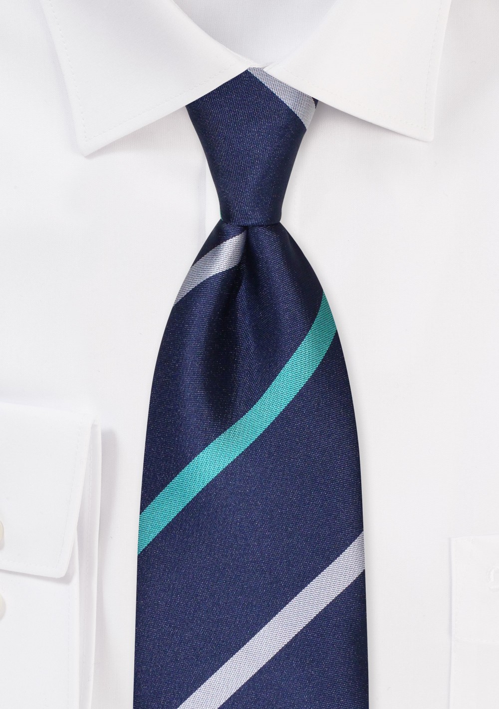 Modern Striped Tie in Navy, Silver, and Teal Green