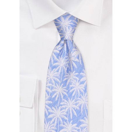 Light Blue Palm Tree Linen Tie in XL Length