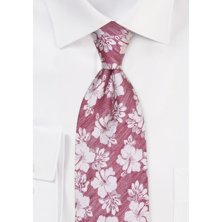 Red Linen Silk Tie for Kids with Hibiscus Flowers