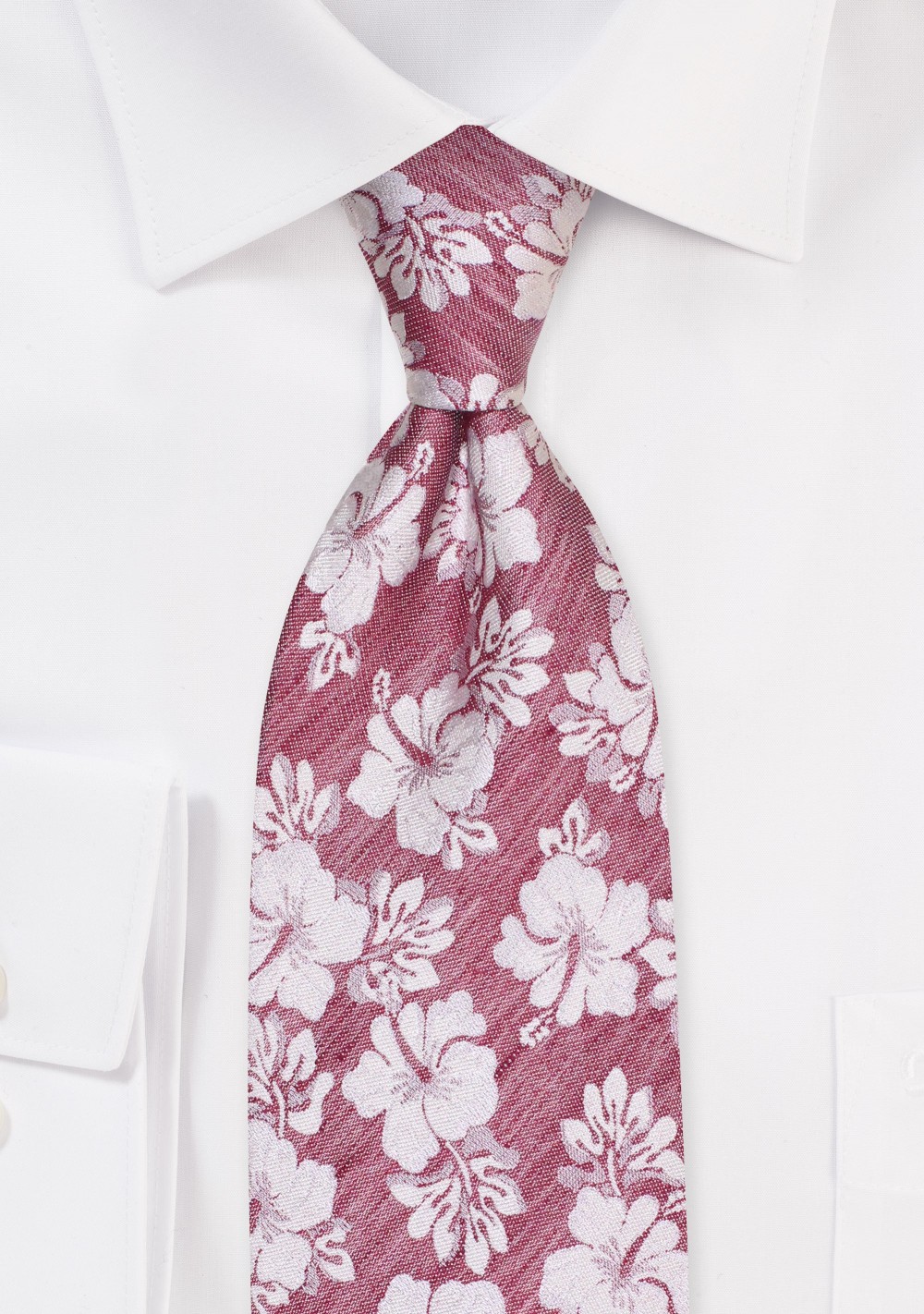 Red Linen Silk Tie for Kids with Hibiscus Flowers