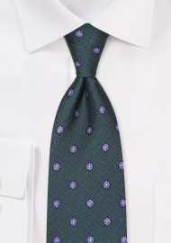 Dark Green Linen and Silk Tie with Woven Flowers