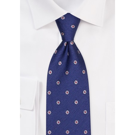 Royal Blue Linen and Silk Tie with Woven Flowers