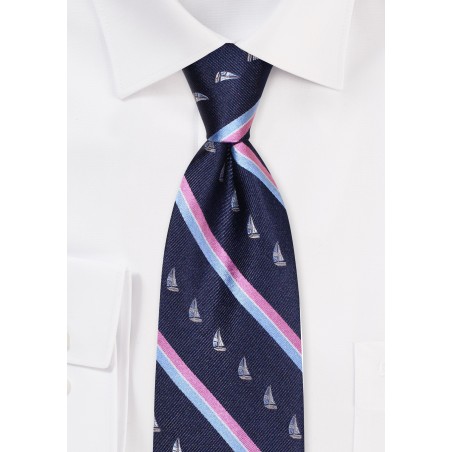 Navy and Pink Striped Kids Tie with Sailing Yachts