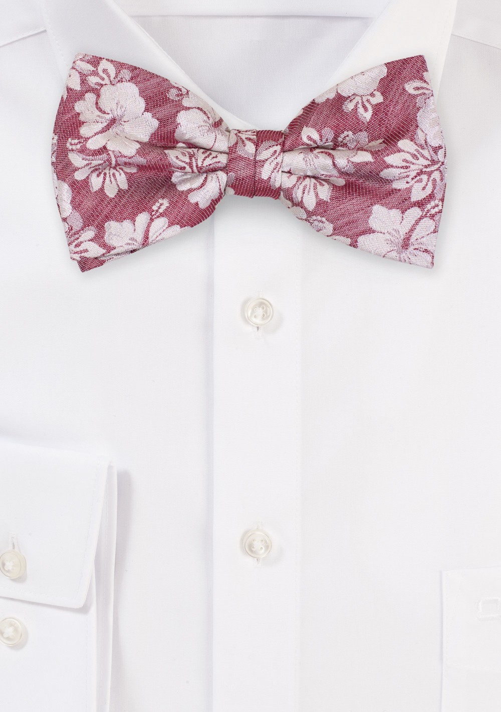 Red Linen Silk Bow Tie with Hibiscus Flowers