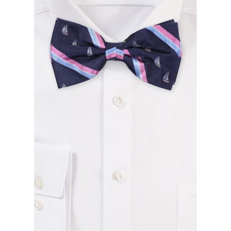 Navy and Pink Striped Bow Tie with Sailing Yachts