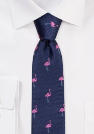 Skinny Tie in Navy with Embroidered Flamingos
