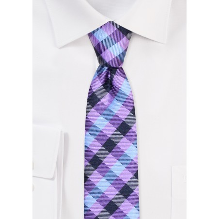 Lilac Skinny Tie in Gingham Check