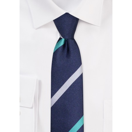 Skinny Tie in Navy with Stripes in Teal Green and Gray