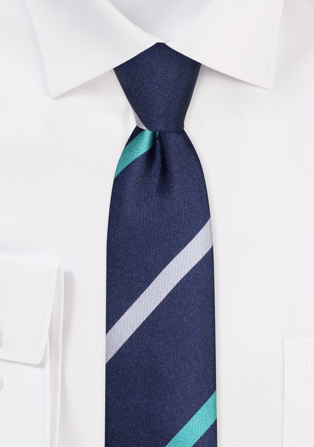 Skinny Tie in Navy with Stripes in Teal Green and Gray