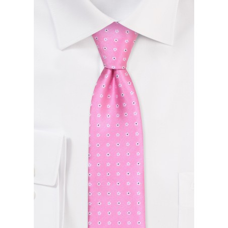 Carnation Pink Skinny Tie with Flowers