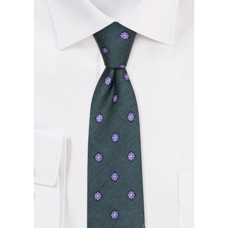 Silk Cotton Floral Tie in Dark Green and Skinny Width