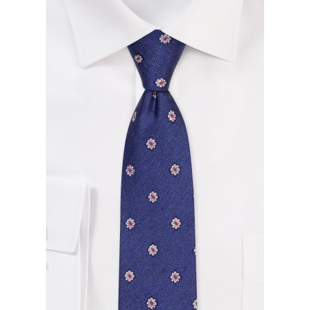 Silk Cotton Floral Tie in Blue and Skinny Width