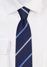 Blue Stripe Skinny Tie in Linen, Cotton, Silk Blend