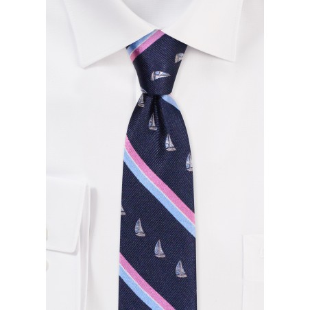 Prepp Stripe Skinny Tie with Sailboats