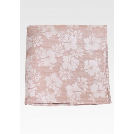 Linen Silk Pocket Square in Tan with Hibiscus Flowers