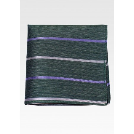Pine Green Linen Silk Pocket Square with Stripes