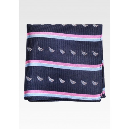 Navy and Pink Pocket Square with Sailing Boats