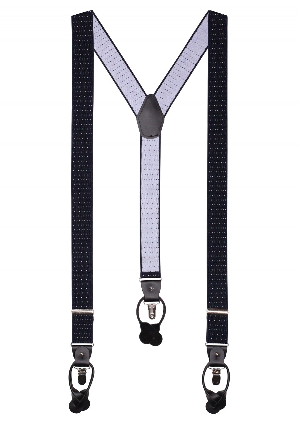 Elastic Band Suspenders in Navy with Tiny Red Pin Dots