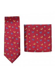 Butterfly Print Tie Set in Crimson